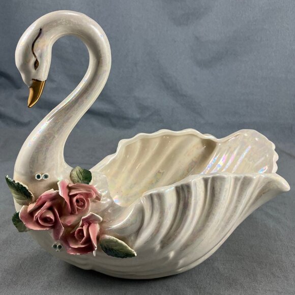 Vtg 9" Ceramic Swan Lustreware White Pink Roses Japan Planter Candy Dish Bath - Picture 1 of 4